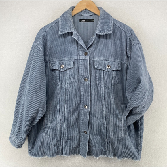 ZARA Jacket Womens S Wide Wale Corduroy Trucker Oversized Fringed Button Up Blue - Picture 1 of 13